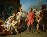 Les Ambassadeurs d’Agamemnon et des principaux de l’armée grecque, précédés des hérauts, arrivent dans la tente d’Achille pour le prier de combattre