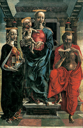 Cosmè Tura, La Vierge et l’Enfant entre une sainte (Madeleine ?) et saint Jérôme