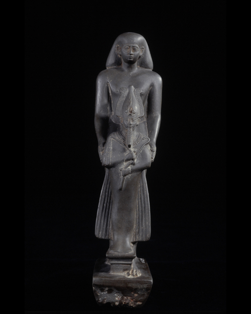 Statue of a man presenting an effigy of Osiris