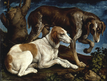 Jacopo Bassano, Two Hunting Dogs Tied to a Tree Stump